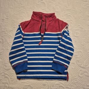 Mini Boden boys blue & white stripe with red shoulder 1/4 zip sweatshirt VGUC